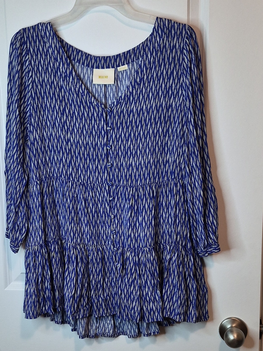 Maeve Blue and White Geometric-Print Blouse Size M